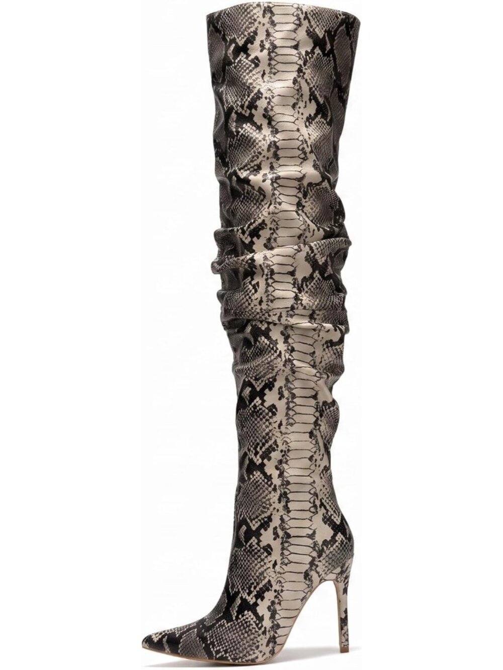 Women's Snake Pointed Toe Thigh High Stiletto Heels Slouchy Over-the-Knee Boots